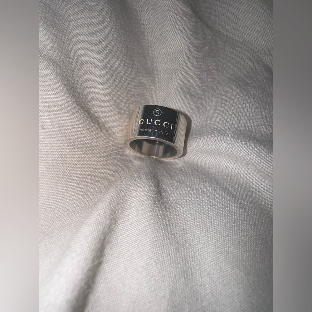 Gucci Wide Band Sterling 925 Silver Signature Logo Ring - Size 6